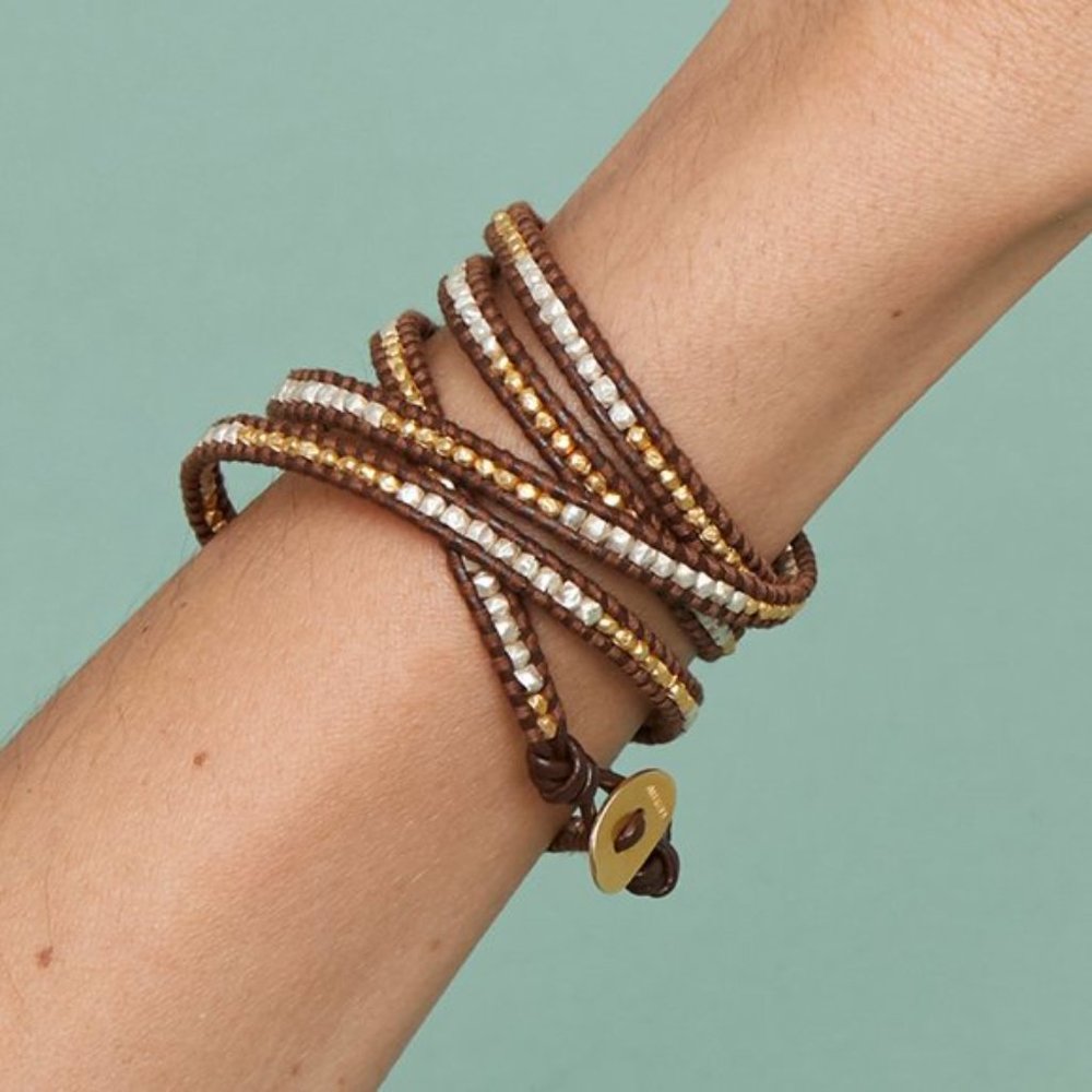 CHAN LUU FIVE WRAP LEATHER AND BEAD BRACELET